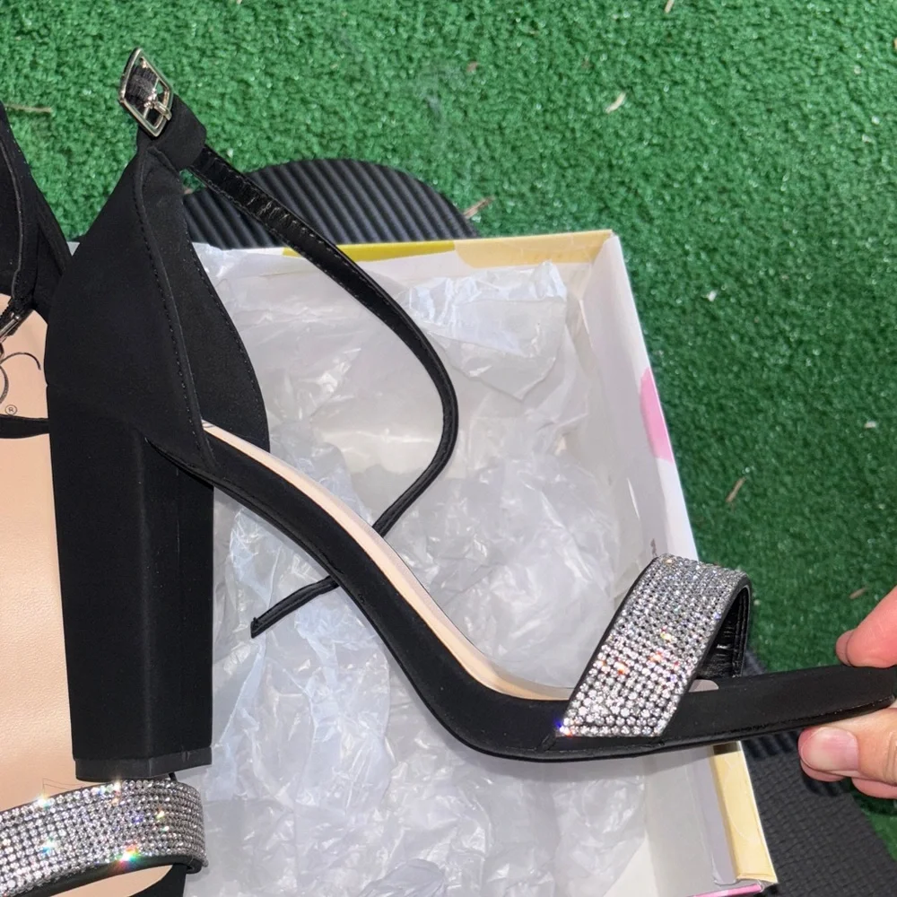 NWT Elegant Black Strappy Heels with Rhinestone Accents